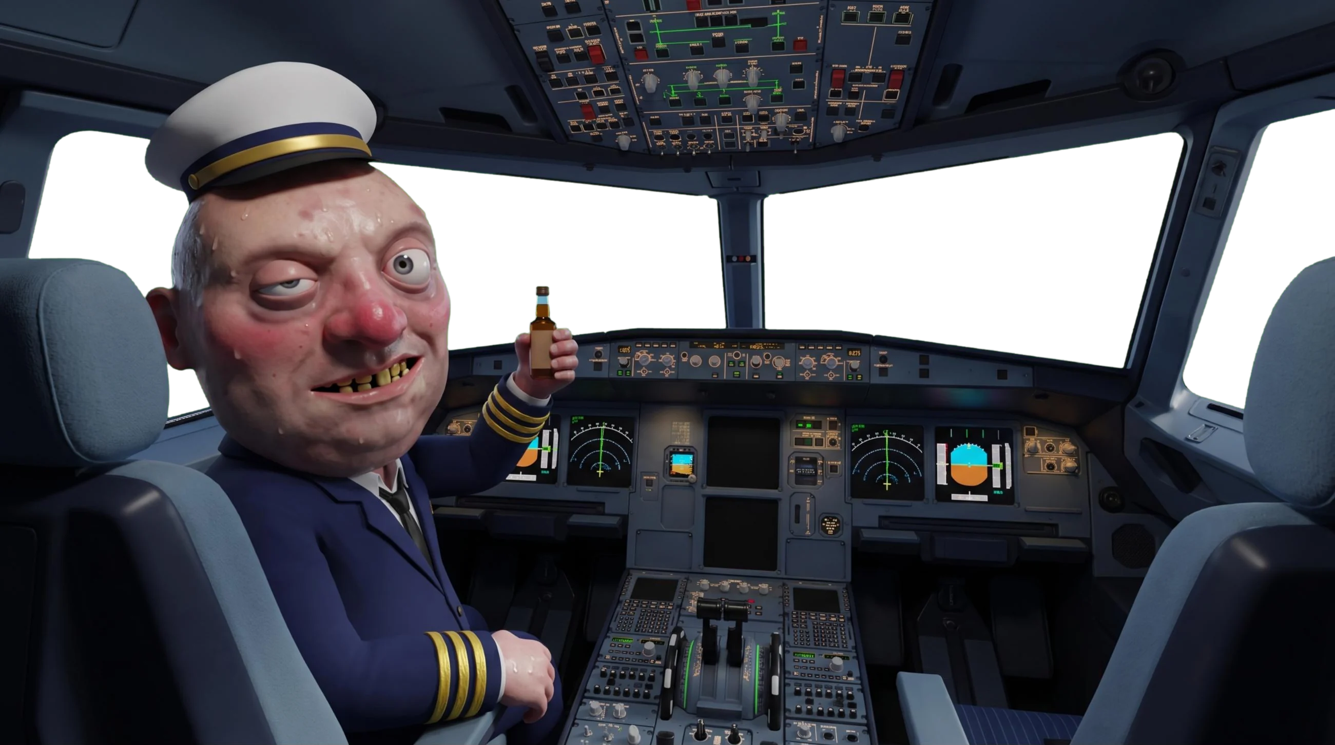 The captain in the cockpit, winking and raising a tiny bottle